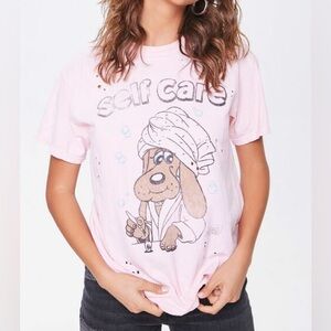 pink Pound Puppies Self Care distressed graphic t-shirt women’s size s/m medium